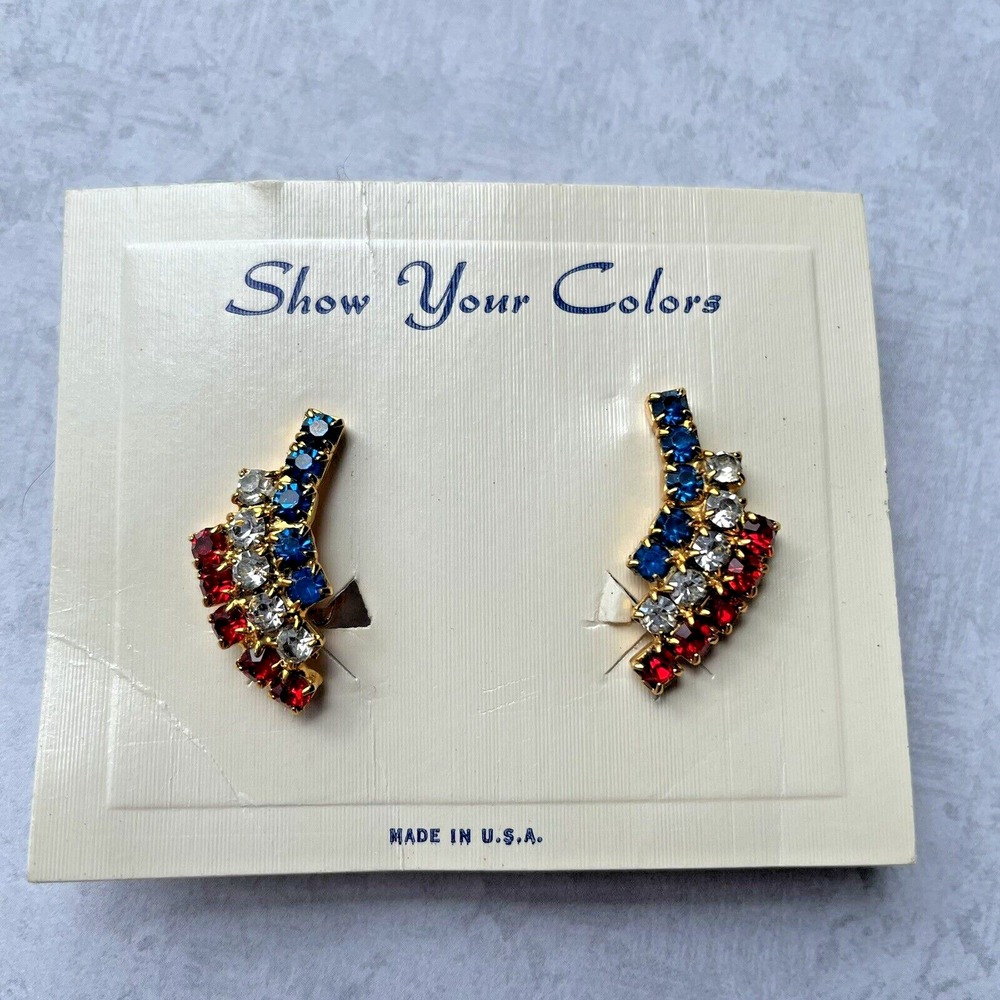 Vintage Patriotic Red White & Blue Rhinestone Cluster Gold Tone Clip On Earrings